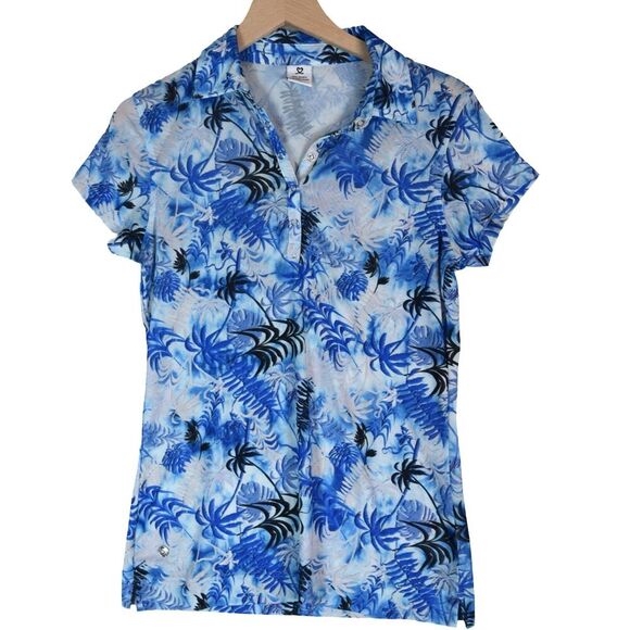 Daily Sports Blue Palm Print Polo Shirt Size M Tropical Short Sleeve Golf Active - Picture 2 of 8